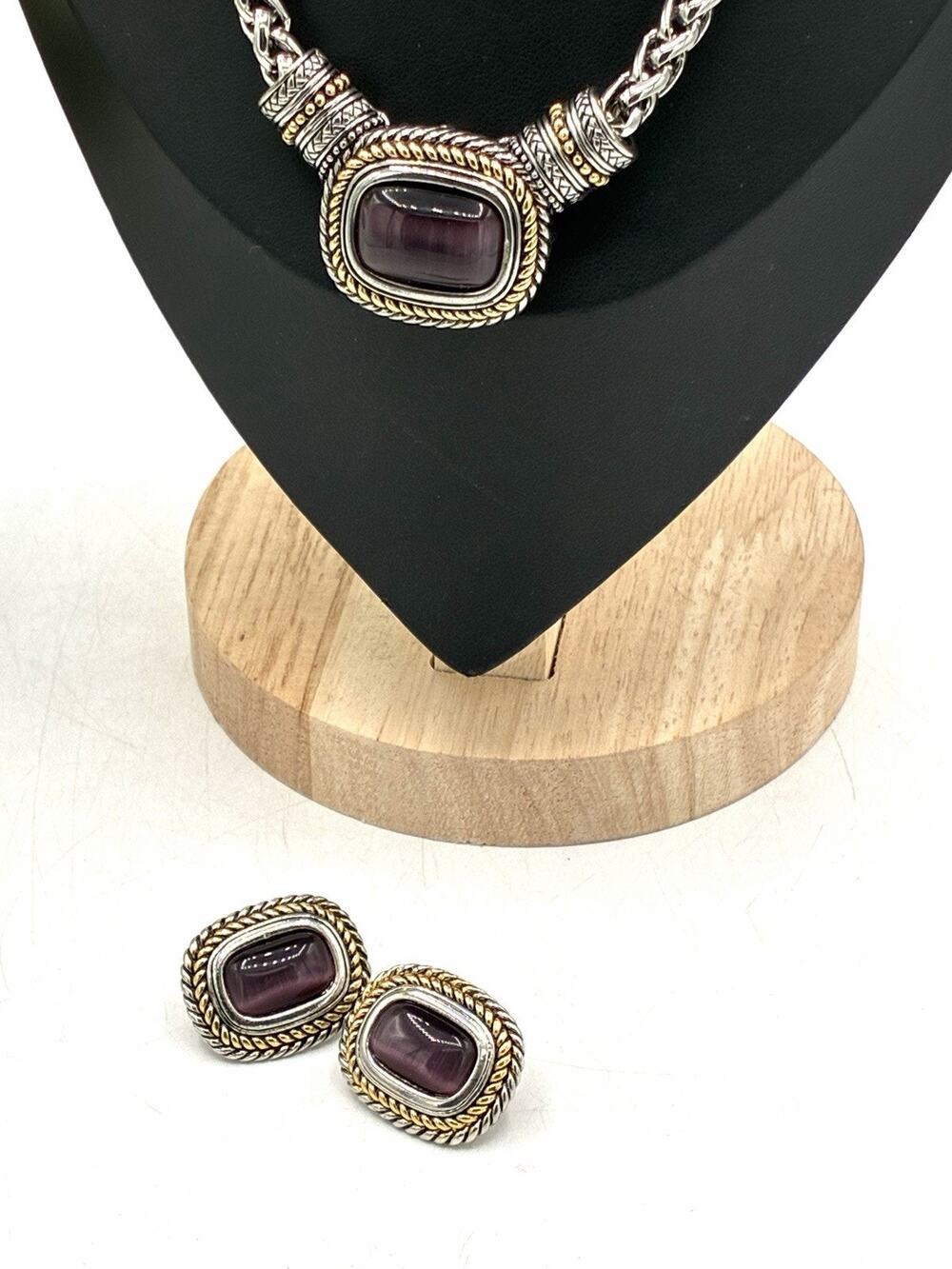 Purple Cabochon Necklace Clip Earrings Set Silver Gold Tone Vintage Style 15”